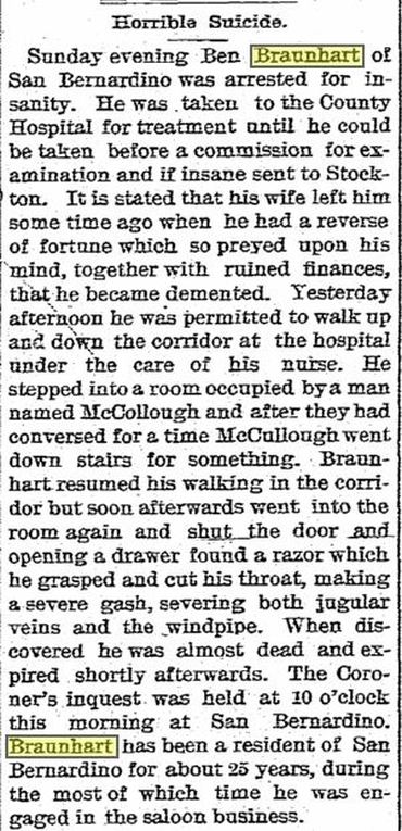 Ben Braunhart Suicide 1890 San Bernardino California